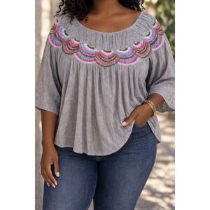 Striped‎ Embroidered Scallop Top Women Casual Boho Size XL* (B641)
